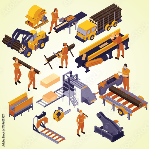 Isometric Detailed Logging Operation Process and Equipment Icon Set Illustration