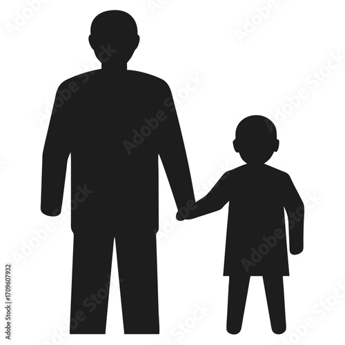 Silhouette Of Father Holding Child's Hand On White Background Keywords: adult, child, holding
