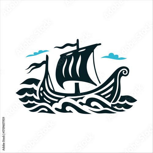 Stylized Viking Longship Sailing on Waves Saint Georges Day NL Viking longship with raised sails Newfoundland history in stormy gray