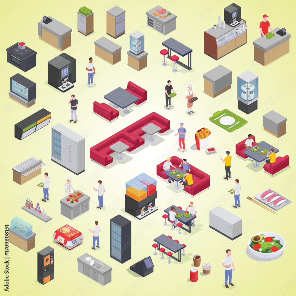 Fototapeta premium Isometric Detailed Restaurant Interior Design with People and Furniture Set