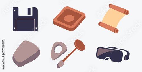 Flat-style icons depicting technological evolution: from ancient tools to VR headset, showcasing history of information storage and human progress.