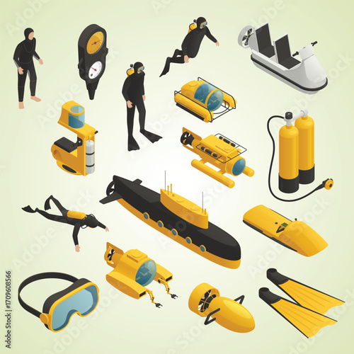 Isometric Underwater Adventure Transportation Diving Equipment and Diver People Illustration