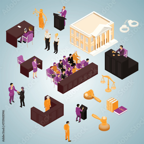 Isometric Detailed Courtroom Illustration with Lawyer, Judge, and Jury People
