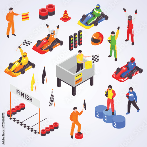 Isometric Go Kart Race Elements and People Team Sport Illustration