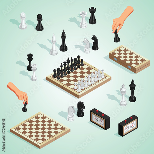 Isometric Style Chess Game Elements Board Pieces and Hand Illustration