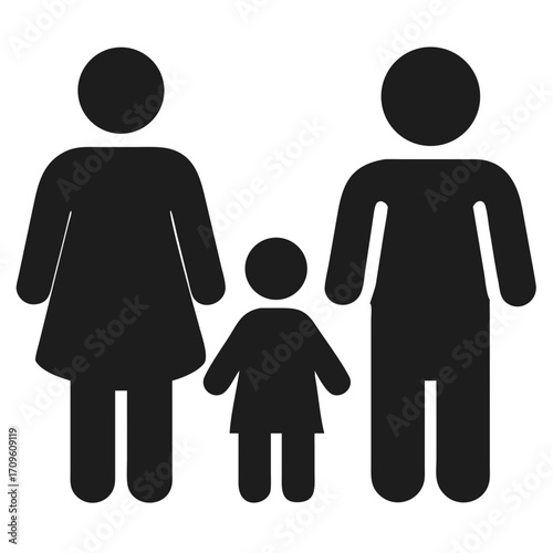 Simple silhouette of a family with one child on a black background parents people