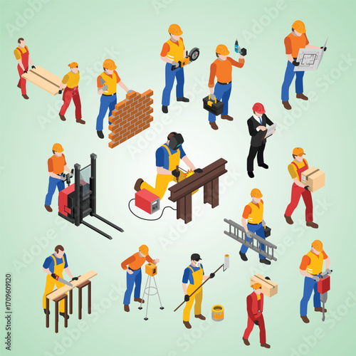 Isometric Style Detailed Builder and Construction Worker Characters Set Illustration