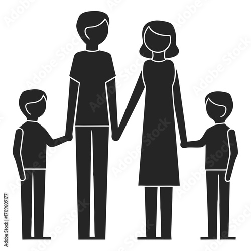 Stylized family of four holding hands on a black background parents children