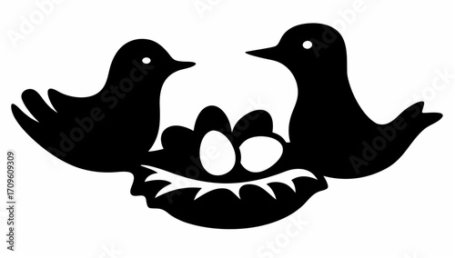 Two birds standing guard over a nest filled with eggs in a black and white silhouette illustration