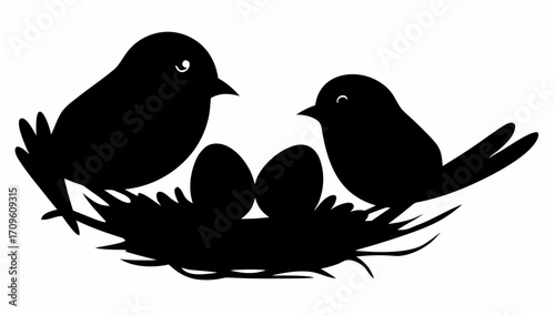 Two birds perched beside a nest containing two eggs in a black and white silhouette illustration style