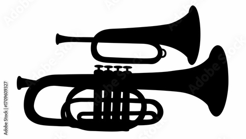 Silhouette illustration showcasing two brass instruments a trumpet and a french horn in black and white color
