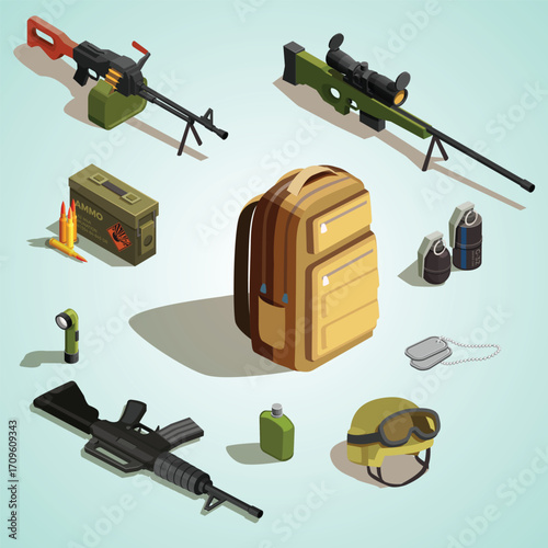 Isometric Tactical Military Equipment Weaponry and Backpack Isolated Composition Illustration