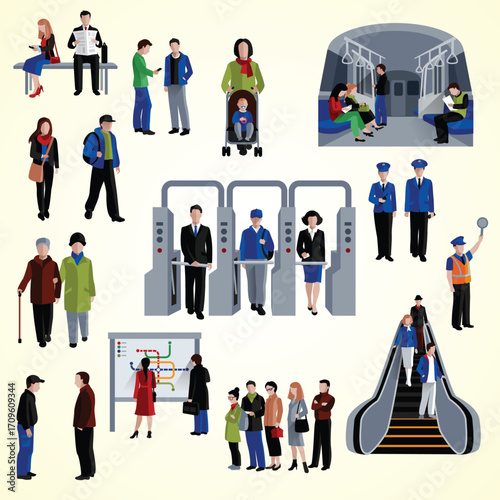 Subway rush hour  Crowd in urban metro daily rushing people going to the work travellers in train set vector cartoon characters. Illustration crowd metro city, public transport subway