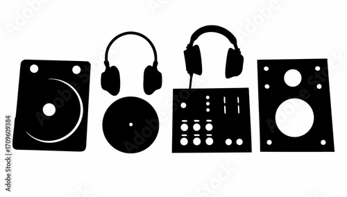 Silhouette of dj equipment including speakers headphones and mixer on a white background in black color