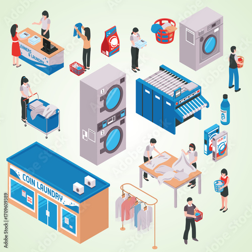 Isometric Laundry Service and Equipment Illustration of Coin Operated Facility