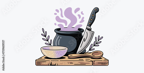 Mystical Kitchen Still Life:  Cauldron, Knife, Bowl, and Wooden Spoon on Rustic Board, Lavender Accents, Purple Potion, Whimsical Illustration.