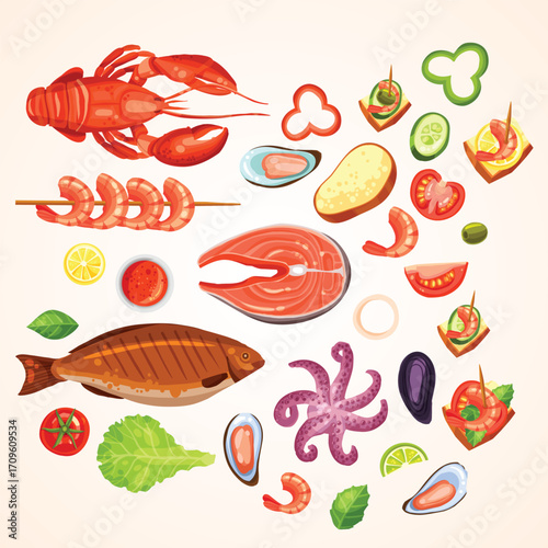 Cartoon Style Seafood Arrangement with Toast for Healthy Meal Plan Illustration