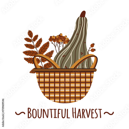 Bountiful harvest vector illustration. Fresh local pumpkin, rowan berries, rose hips, colorful autumn leaves. Farm produce in a wicker basket, organic food. Clipart for Thanksgiving, seasonal festival