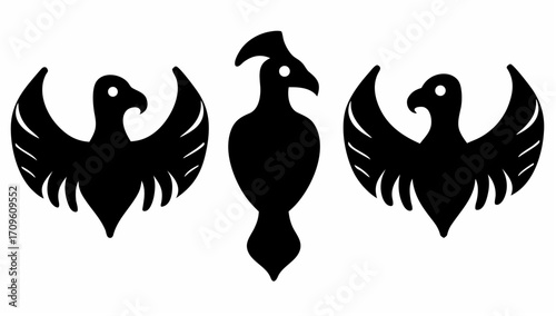 Three stylized black birds arranged symmetrically on a white background in a simple graphic design style