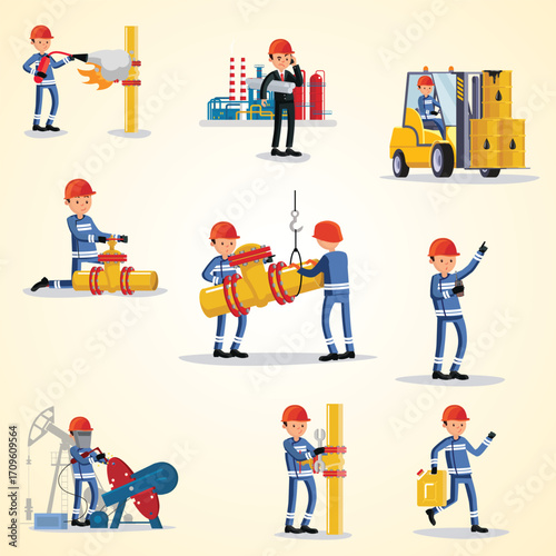 Flat Style Diverse Cartoon Oil Worker Action Set Industry Illustration