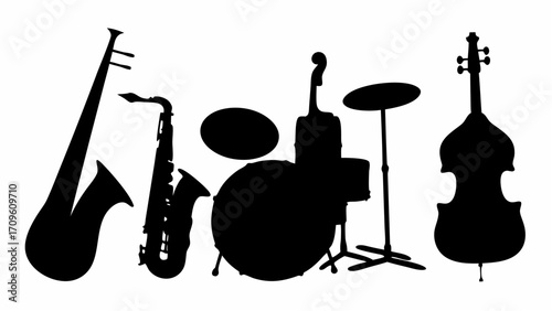 Silhouette illustration of a musical ensemble featuring a saxophone, drums, and a double bass instrument