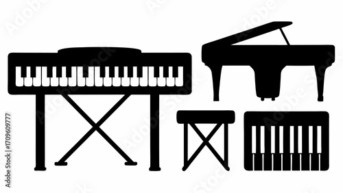 Silhouette illustration of a grand piano upright piano keyboard and stool in a musical arrangement style