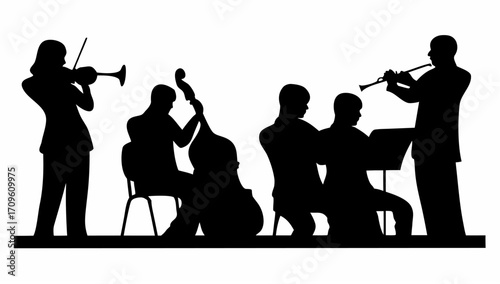 Silhouette of a musical ensemble performing with violin cello clarinet and piano on a white background