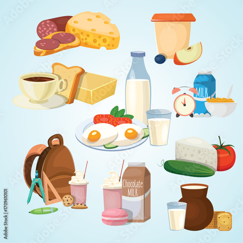 Flat Illustration Diverse School Lunch Food And Beverage Composition