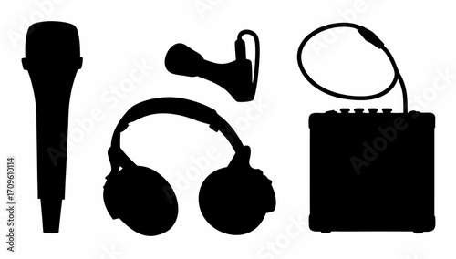 Silhouette depiction of microphone headphones earbud and amplifier equipment on a white background view