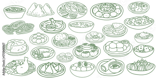 Vector illustration of traditional Indian food set with line art style. Includes curry, rice, samosa, dosa, naan, biryani, snacks, sweets, and street food. Perfect for menu, restaurant, and design.