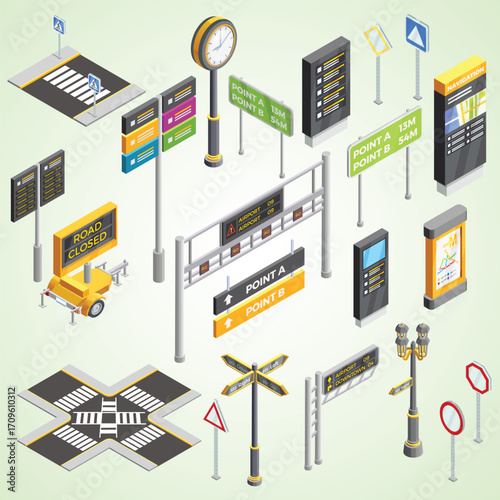 Isometric Detailed Road Signage Set Illustration with Navigation Information Elements