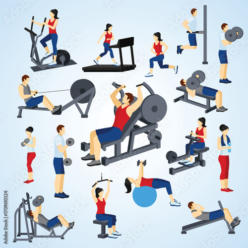 Flat Design Diverse People Working Out in Gym Equipment Illustration