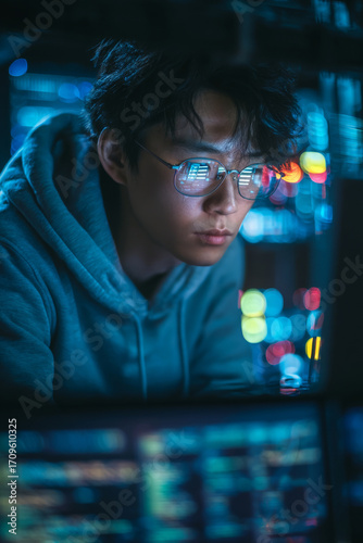 A Focused Young Programmer Engaged in Work Within a CuttingEdge HighTech Environment
