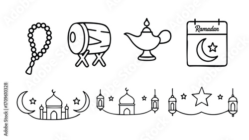 Mosque lantern prayer bead drum and ramadan decoration line art
