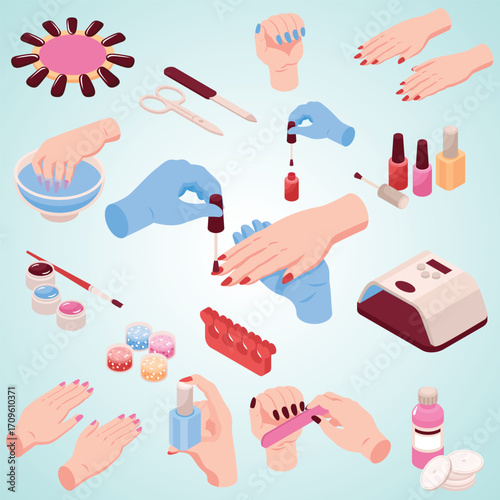 Isometric Nail Care and Manicure Process with Various Tools Illustration