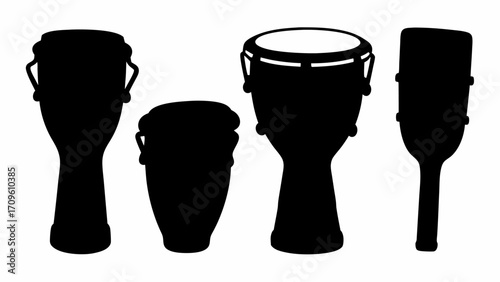 Silhouette of four percussion instruments including conga drums and a guiro on a white background