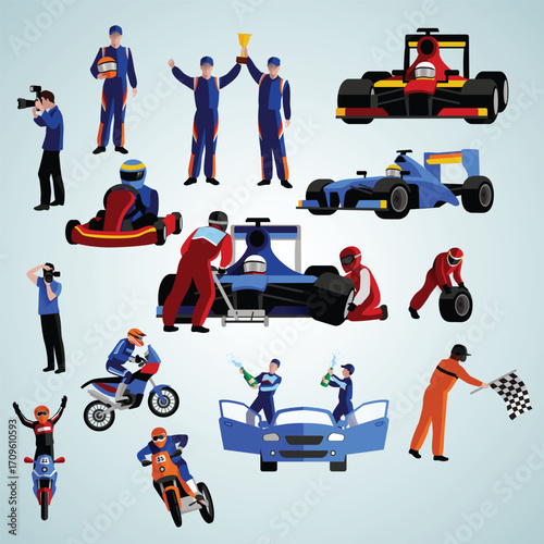 Flat Illustration Racing and Motor Sports Team Activities Elements Set