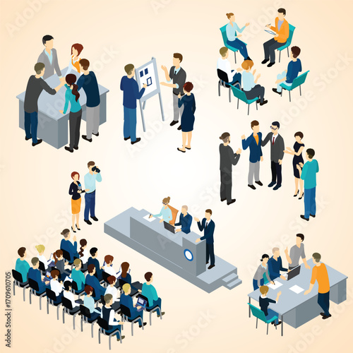 Isometric Business Meeting and Presentation with Diverse People and Workplace Scene