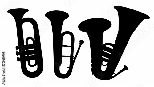 Silhouette illustration showcasing three distinct brass instruments in a musical ensemble setting