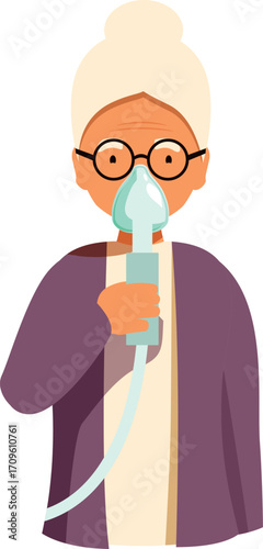 Senior woman receiving respiratory therapy using an inhaler, promoting health and wellness in old age