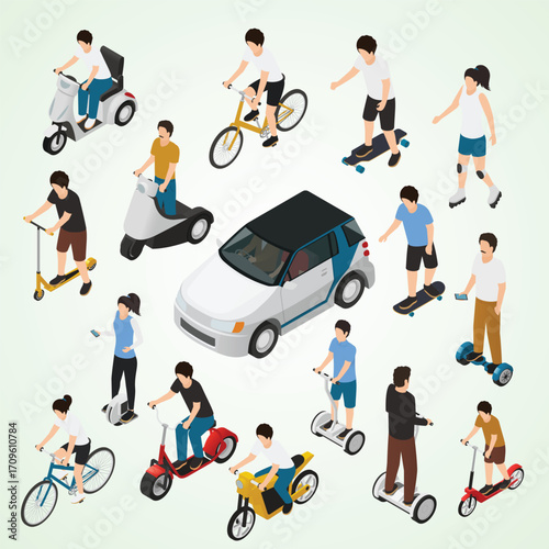 Isometric People Using Various Personal Electric Transportation and Car Illustration