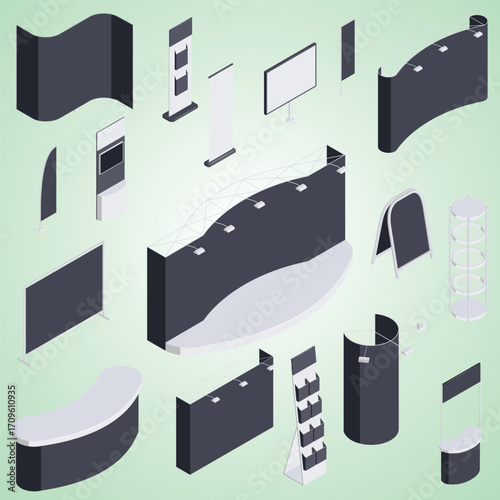 Isometric Display Stand Exhibits Isolated Objects for Trade Show Equipment