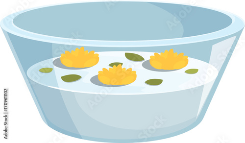 Relaxing milk bath with yellow flowers and green leaves floating on top, promoting wellness and skincare