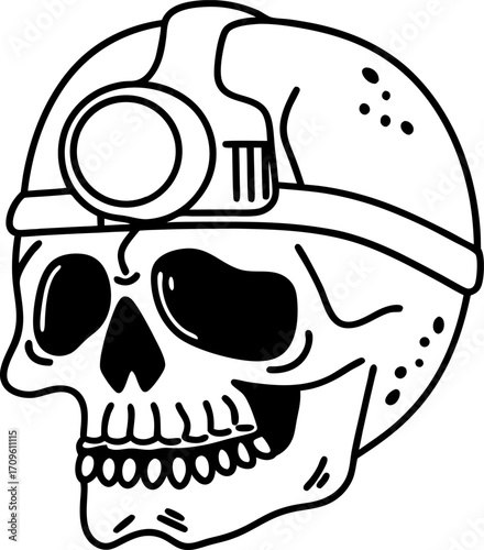 miner skull illustration with helmet and headlamp black line art of skeleton face, underground work hazard, mining danger warning