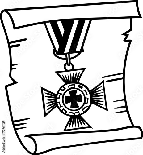 Military honor award medal on ancient scroll symbol of heroism, bravery, recognition, achievement, historic parchment