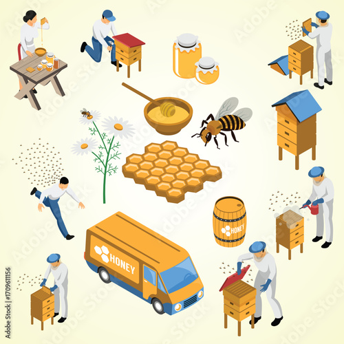 Isometric Detailed Honey Production and Beekeeping Process with Beekeeper and Beehive