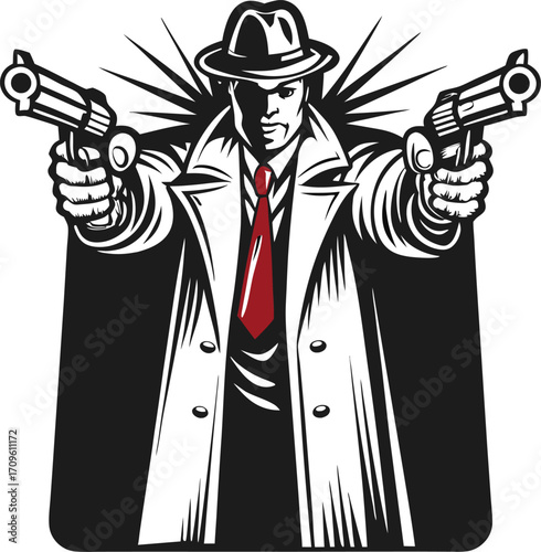 Gangster in trench coat and fedora aiming pistols forward, retro noir crime character illustration, bold dramatic pose
