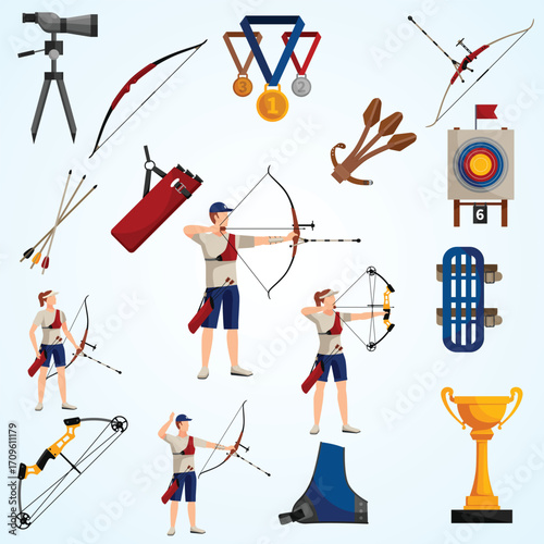 Flat Design Archery Equipment and Archer People Set Sporting Activity