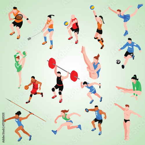 Isometric Sport Athlete Character Set of People Doing Different Sports