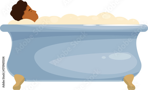 Man taking a relaxing bath with foam, enjoying a home spa treatment